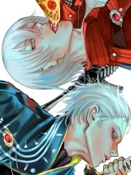 2boys absurdres blue_coat blue_eyes coat collarbone commentary dante_(devil_may_cry) devil_may_cry devil_may_cry_(series) devil_may_cry_3 english_commentary food gem hashtag-only_commentary henoopd highres holding holding_food holding_pizza holding_sword holding_weapon looking_to_the_side male_focus multiple_boys open_clothes open_coat open_mouth parted_lips pizza portrait profile rebellion_(sword) red_coat red_gemstone short_hair simple_background sword sword_on_back teeth tongue vergil_(devil_may_cry) weapon weapon_on_back white_background white_hair yamato_(sword)
