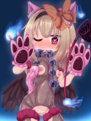 1boy 1girl anal_beads animal_collar animal_hair_ornament animal_hands belt black_hairband black_wings blush bodysuit breasts checkered_ribbon cleft_of_venus collar dark_feather_alma emil_chronicle_online fireball gloves hair_ribbon hairband heart heart-shaped_pupils highres leash loli mouth_hold multiple_belts nose_blush one_eye_closed paw_gloves pointy_ears pussy ribbon rna0 see-through_bodysuit see-through_clothes sex_toy small_breasts symbol-shaped_pupils wings