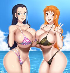 2girls bikini breasts highres huge_breasts long_hair multiple_girls nami_(one_piece) nico_robin one_piece smile swimsuit