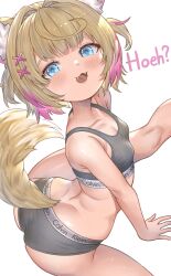 1girl animal_ear_fluff animal_ears ass bandaid bandaid_hair_ornament blonde_hair blue_eyes butt_crack calvin_klein dog_ears dog_girl dog_tail fangs hair_ornament highres hoeh_(meme) hololive hololive_english honkivampy looking_at_viewer meme mococo_abyssgard multicolored_hair open_mouth pink_hair streaked_hair stretching tail virtual_youtuber