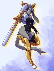 1girl absurdres animal_ears animal_feet animal_nose astronowo black_shirt blue_eyes bottomless bracelet breasts buttons full_body furry furry_female grey_fur highres horns jewelry medium_breasts no_panties no_pants pseudoregalia rabbit_ears shirt simple_background standing standing_on_one_leg sybil_(pseudoregalia) tail weapon wide_hips