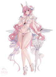 Rule 34 | 1girl, absurdres, alternate costume, artist logo, bikini, blush, breasts, cleavage, commentary, dorothy (nikke), flower-shaped hair, frilled bikini, frills, full body, goddess of victory: nikke, hair bun, hair intakes, hand up, high heels, highres, holding, holding umbrella, large breasts, logo, long hair, looking at viewer, multi-strapped bikini bottom, multi-strapped bikini top, navel, pink hair, planted, planted umbrella, purple eyes, simple background, single side bun, skindentation, smile, solo, standing, stomach, subong, swimsuit, thighs, toes, umbrella, very long hair, white background, white bikini