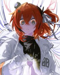 1girl 1other a.i._voice adachi_rei age_difference baby black_shirt cable dilated_pupils dinner128 gloves hair_between_eyes hair_ribbon hashtag-only_commentary headlamp holding_another&#039;s_finger jacket long_sleeves looking_at_viewer open_clothes open_jacket orange_hair parted_lips pov radio_antenna ribbon shirt side_ponytail tears utau white_gloves white_jacket white_ribbon