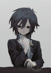Rule 34 | 1boy, absurdres, black eyes, black hair, boxcutter, commentary request, cracked skin, gakuran, grey background, highres, holding, holding boxcutter, jacket, komiroku, looking at viewer, male focus, open clothes, open jacket, randal&#039;s friends, school uniform, short hair, simple background, smile, solo, tsukada satoru, upper body