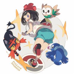 1girl ass bad_id bad_twitter_id bag beanie black_hair blue_eyes blush copyright_name creatures_(company) floral_print from_behind full_body game_freak gen_7_pokemon hajime_(hajime-ill-1st) handbag hat highres leg_up litten nintendo player_character pokemon pokemon_(creature) pokemon_sm popplio red_hat rowlet selene_(pokemon) shirt shoes short_hair short_shorts short_sleeves shorts sneakers starter_pokemon_trio swept_bangs t-shirt tied_shirt z-ring