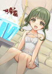 1girl absurdres breasts brown_eyes casual_one-piece_swimsuit commentary_request couch dress_swimsuit dutch_angle feet_out_of_frame food green_hair highres kantai_collection looking_at_viewer one-piece_swimsuit shaved_ice short_hair short_hair_with_long_locks sitting small_breasts smile solo striped_clothes striped_one-piece_swimsuit swimsuit swimsuit_skirt takanami_(kancolle) takanami_(swimsuit)_(kancolle) white_one-piece_swimsuit yashin_(yasinz)