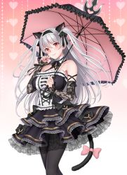 1girl animal_ears bad_id bad_pixiv_id bare_shoulders black_dress black_pantyhose breasts cat_ears cat_tail detached_sleeves dress female_focus gothic_lolita harajuku_mimi highres large_breasts lolita_fashion long_hair official_art pantyhose parasol re:shimashima red_eyes silver_hair solo tail tokyo_exe_girls two_side_up umbrella