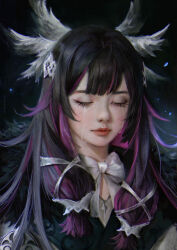 1girl angel angel_wings black_hair closed_eyes closed_mouth columbina_(genshin_impact) double-parted_bangs feathered_wings genshin_impact hair_ribbon head_wings highres long_hair multicolored_hair pink_hair realistic ribbon solo soyameii tears tress_ribbon two-tone_hair white_ribbon wings
