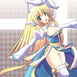 1girl :d animal_ears arch_bishop_(ragnarok_online) asai_ichiko blonde_hair blue_dress blue_eyes bow bow_legwear breasts cleavage cross cross_print dress feathered_wings head_wings juliet_sleeves long_sleeves maebari medium_breasts no_panties open_mouth outstretched_arms puffy_sleeves rabbit_ears ragnarok_online sash shrug_(clothing) smile solo spread_arms thighhighs white_shrug white_thighhighs white_wings wings yellow_bow yellow_sash