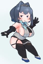 1girl arrivedcold black_gloves black_hair black_skirt black_sleeves black_thighhighs blue_eyes blue_hair bow bow_earrings breasts chain chain_headband closed_mouth colored_inner_hair detached_sleeves earrings full_body gloves grey_shirt hair_intakes half-skirt highres hololive hololive_english jewelry large_breasts multicolored_hair ouro_kronii ouro_kronii_(1st_costume) shirt sideboob skirt solo thighhighs virtual_youtuber
