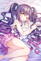 Rule 34 | 1girl, alternate costume, alternate hairstyle, barefoot, bed sheet, blonde hair, blue ribbon, blush, breasts, commentary, drill hair, english commentary, frills, gradient hair, hair between eyes, hair ribbon, highres, long hair, lua asuka, multicolored hair, one eye closed, production kawaii, ribbon, second-party source, solo, streaked hair, todomaki41, twin drills, virtual youtuber, yawning, yellow eyes