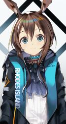 Rule 34 | 1girl, absurdres, amiya (arknights), animal ears, arknights, ascot, black ascot, black jacket, blue collar, blue eyes, brown hair, closed mouth, clothes writing, collar, commentary request, gradient ascot, hair between eyes, highres, jacket, light blush, long hair, looking at viewer, open clothes, open jacket, prts logo (arknights), purple ascot, shirt, sidelocks, smile, solo, twitter username, upper body, watermark, white background, white shirt, zao illust