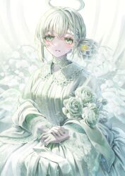 1girl angel angel_wings braid commentary_request dress flower green_eyes hair_bun hair_ornament halo highres long_sleeves looking_at_viewer original parted_lips rose sitting solo white_dress white_flower white_hair white_rose wide_sleeves wings yuubarish