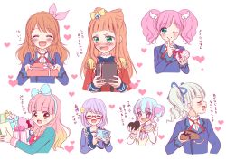 Rule 34 | + +, 6+girls, :d, ;), ^ ^, aikatsu!, aikatsu! (series), aikatsu friends!, aikatsu on parade!, aikatsu stars!, amahane madoka, aqua dress, aqua eyes, bell, blazer, blue bow, blue hair, blue jacket, blue ribbon, blunt bangs, blush, bow, bowtie, box, braid, chocolate, closed eyes, closed mouth, collared shirt, cone hair bun, cropped jacket, cropped torso, crossover, crown braid, double bun, donut hair bun, dress, drill hair, epaulettes, facing away, facing viewer, fang, finger to mouth, flower, food, gift, gift box, glasses, gradient hair, hair bell, hair bow, hair bun, hair flower, hair ornament, hair over shoulder, hair ribbon, hairband, hanazono kirara, hand on own cheek, hand on own face, heart, heart-shaped box, holding, holding box, holding gift, incoming gift, index finger raised, jacket, long hair, long sleeves, looking at food, looking at viewer, looking away, multicolored eyes, multicolored hair, multiple girls, nanakura koharu, neck ribbon, one eye closed, ozora akari, open mouth, orange hair, pink bow, pink eyes, pink hair, purple eyes, purple jacket, purple shirt, red-framed eyewear, red jacket, red ribbon, ribbon, saotome ako, school uniform, semi-rimless eyewear, shirt, short hair, shushing, silver hair, simple background, single stripe, smile, star (symbol), star harmony academy school uniform, streaked hair, sweater vest, swept bangs, tiramisu651, todo yurika, translation request, tsundere, twin drills, twintails, under-rim eyewear, v-shaped eyebrows, valentine, venus ark uniform, wavy hair, wavy mouth, white background, white jacket, white shirt, wing hair ornament, yellow bow, yellow eyes, yellow sweater vest, yuki aine