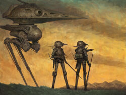 2others ariel_perez armor beak bird_boy bird_wings black_background full_armor full_body furry gun helmet highres index_finger_raised leg_up looking_to_the_side mecha mountainous_horizon multiple_others no_humans original pointing pouch rifle robot solo visor_(armor) walker_(robot) weapon wings