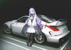 1girl black_shoes breasts brown_pantyhose car closed_mouth commentary english_commentary hair_between_eyes highres jacket jun_project long_hair long_sleeves looking_at_viewer medium_breasts motor_vehicle nissan_fairlady_z own_hands_together pantyhose platform_shoes pleated_skirt pointy_ears purple_hair red_eyes shoes skirt sleeves_past_wrists smile solo timestamp very_long_hair vivian_banshee white_jacket white_skirt wide_sleeves zenless_zone_zero