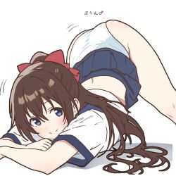 Rule 34 | 1girl, ass, black sailor collar, black skirt, blue eyes, blush, bow, brown hair, closed mouth, commentary request, foot out of frame, hair between eyes, hair bow, hair spread out, half updo, jack-o&#039; challenge, long hair, looking at viewer, love live!, love live! nijigasaki high school idol club, midriff peek, miniskirt, mukiryoku bato, osaka shizuku, panties, pleated skirt, red bow, sailor collar, school uniform, serafuku, shirt, sidelocks, simple background, skirt, skirt flip, smile, solo, split mouth, top-down bottom-up, translation request, underwear, very long hair, white background, white panties, white shirt