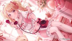 1girl antique_phone bang_dream! boots breasts brown_eyes bug butterfly collar collarbone dress earrings flower flower_ornament frilled_dress frills hair_ornament hair_ribbon hand_in_own_hair heart highres holding holding_phone insect jewelry kirigaya_toko mirror official_art open_mouth phone pink_background pink_boots ribbon ring rotary_phone stuffed_animal stuffed_toy teddy_bear twintails window wristband