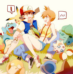 1boy 1girl artist_request ash_ketchum asymmetrical_hair bare_legs black_hair blush brown_eyes bulbasaur chikorita cowboy_shot creatures_(company) cyndaquil denim denim_shorts embarrassed game_freak gen_1_pokemon gen_2_pokemon green_eyes gym_leader hat highres jacket legs misty_(pokemon) nintendo orange_hair pikachu pokemon pokemon_(anime) pokemon_(classic_anime) poliwag ponytail psyduck red_hair shiny_skin shirt shoes short_hair short_shorts shorts side_ponytail source_request staryu suspenders togepi totodile yellow_shirt