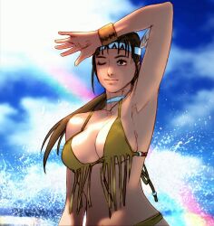 Rule 34 | 1girl, adapted costume, arm up, armpits, bikini, breasts, brown eyes, brown hair, choker, cleavage, fringe trim, headband, headdress, kawano takuji, large breasts, long hair, michelle chang, native american, native american headdress, navel, official art, one eye closed, rainbow, sea spray, shading eyes, solo, swimsuit, tekken, underboob, upper body, wristband, yellow bikini