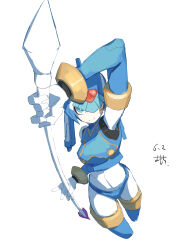 1girl armor blue_armor blue_eyes blue_helmet cowboy_shot fairy_leviathan_(mega_man) forehead_jewel helmet highres holding holding_polearm holding_weapon mega_man_(series) mega_man_zero_(series) omochi_(mochi_skymega) polearm simple_background solo spear weapon white_background