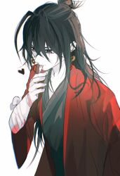 1boy aaawwwssslll ahoge bandaged_arm bandages bishounen black_eyes black_hair black_hanfu blood blood_on_arm bloody_bandages chinese_clothes chinese_commentary chocolate chromatic_aberration closed_mouth coat coin coin_(ornament) dao_gui_yi_xian earrings fork hair_between_eyes hair_bun half_updo hand_up hanfu heart highres holding holding_fork holed_coin jewelry li_huowang long_hair long_sleeves looking_down male_focus mouth_hold red_coat robe simple_background single_hair_bun solo tassel tassel_earrings upper_body white_background wide_sleeves