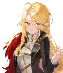 1girl absurdres ahoge black_coat blonde_hair closed_mouth coat don_quixote_(project_moon) gold_trim highres jacket la_manchaland_(identity)_(project_moon) lapels limbus_company long_hair notched_lapels parted_bangs project_moon ranya_(artiraia) red_eyes sancho_(project_moon) simple_background solo very_long_hair white_background white_jacket