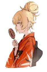 Rule 34 | 1girl, back bow, black sash, blonde hair, bow, closed mouth, donut, food, from side, hair bun, hair flaps, highres, holding, holding donut, holding food, japanese clothes, kimono, monogatari (series), obi, oshino shinobu, pointy ears, profile, red kimono, sash, simple background, single hair bun, smile, solo, taki (a313131333), upper body, white background, yellow eyes, yukata