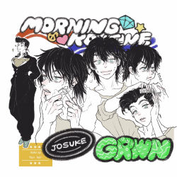 1boy anchor_ornament black_hair brushing_hair character_name comb diamond_wa_kudakenai eating english_text engrish_text food gakuran gem_(symbol) green_eyes grey_shirt heart higashikata_josuke highres jojo_no_kimyou_na_bouken male_focus multiple_views peace_symbol pompadour ranguage sandwich school_uniform shaving shaving_cream shirt short_hair star_(symbol) t_0nd