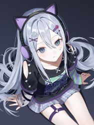 1girl animal_ear_headphones animal_ears black_shirt cat_ear_headphones cat_ears closed_mouth clothing_cutout expressionless facial_mark fake_animal_ears from_above grey_eyes grey_hair hair_between_eyes hair_ornament hairclip headphones heart heart_hair_ornament highres long_hair long_sleeves looking_at_viewer looking_up negifarmer plaid_clothes plaid_skirt pleated_skirt project_sekai shirt short_sleeves sitting skirt solo thigh_strap very_long_hair x_hair_ornament yoisaki_kanade