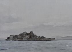 absurdres acrylic_paint_(medium) atelier_bono building cloud cloudy_sky commentary hashima_island highres island mountainous_horizon nagasaki no_humans original painting_(medium) ruins scenery sky traditional_media