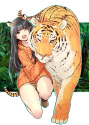 1girl absurdres animal animal_ears black_hair brown_footwear chinese_zodiac fake_animal_ears fake_tail flying_witch green_eyes highres hug ishizuka_chihiro kowata_makoto long_hair one_eye_closed open_mouth orange_sweater shorts squatting sweater tail tiger tiger_ears tiger_tail year_of_the_tiger yellow_shorts