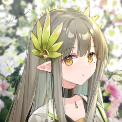 1girl absurdres arknights black_choker chinese_commentary choker commentary dated elf english_commentary flower grey_hair hair_ornament highres long_hair looking_at_viewer mixed-language_commentary mole mole_under_eye morimori_(14292311) muelsyse_(arknights) parted_lips pink_flower pointy_ears portrait sidelocks solo white_flower yellow_eyes