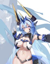 absurdres armor bikini_armor blue_hair blush breasts cleavage cutout_below_navel dragon_girl dragon_horns hair_between_eyes headpiece highres horns large_breasts long_hair looking_at_viewer mecha_musume mechanical_tail navel purple_eyes rhine_(starward) starward stomach tail twintails user_wtfs2822 very_long_hair