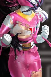 1girl belt bodysuit bra bra_peek breasts danmarunyan defeat denji_sentai_megaranger gloves groping groping_breast helmet imamura_miku megapink panties restrained see-through_clothes skin_tight super_sentai tokusatsu torn_clothes underwear white_bra