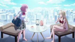 2girls amaori_renako animated bikini blonde_hair blue_eyes cup english_text mug multiple_girls ouzuka_mai pink_hair poolside purple_eyes red_bikini sound subtitled swimsuit tagme tea video watashi_ga_koibito_ni_nareru_wake_naijan_murimuri! yuri