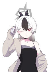 1girl absurdres black_dress black_hair black_horns blue_archive brown_jacket closed_mouth collarbone commentary demon_horns dress ear_piercing frown grey_hair halo hand_up headphones highres holding holding_headphones horns jacket kayoko_(blue_archive) kayoko_(dress)_(blue_archive) long_hair looking_at_viewer meteor_(ks111278) mole mole_on_collarbone multicolored_hair official_alternate_costume official_alternate_hairstyle one_eye_closed piercing red_eyes simple_background single_off_shoulder solo standing two-tone_hair white_background