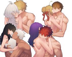 4boys 4girls ahoge alternate_breast_size antenna_hair archer_(fate) arthur_pendragon_(fate) bite_mark black_hair blonde_hair breasts brown_hair bun_with_braided_base camisole commentary covered_erect_nipples dark-skinned_male dark_skin emiya_shirou english_commentary faceless faceless_female faceless_male fate/extra fate/grand_order fate/prototype fate/stay_night fate_(series) grey_hair hair_bun hair_intakes hetero highres kishinami_hakuno_(male) kiss large_breasts matou_sakura merlin_(fate/prototype) multiple_boys multiple_girls muscular muscular_male nero_claudius_(fate) nude pout purple_hair red_eyes single_hair_bun suhyeon tohsaka_rin two_side_up unfinished white_camisole