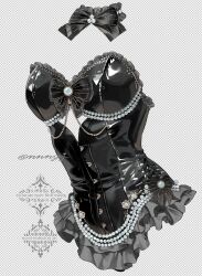 beads black_bow black_bowtie black_leotard bow bowtie checkered_background clothes_focus commentary_request cross-laced_clothes cross-laced_leotard detached_collar fake_transparency frilled_leotard frills highres leotard nnnyj no_humans original simple_background strapless strapless_leotard twitter_username watermark