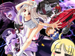 5girls angra_mainyu artoria_pendragon_(fate) blonde_hair car character_doll chibi cigarette doll emiya_shirou fate/stay_night fate_(series) fujimura_taiga grail_beast illyasviel_von_einzbern lamborghini matou_sakura motor_vehicle multiple_girls parody saber_(fate) tohsaka_rin yokomizo_daisuke