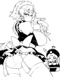 Rule 34 | breasts, highres, himajin noizu, hong meiling, izayoi sakuya, knife, large breasts, monochrome, multiple girls, touhou