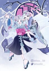 2girls alternate_costume animal_ear_fluff animal_ears bad_id bad_twitter_id bare_tree blue_eyes blue_eyeshadow blue_hakama blue_kimono blue_lips blue_ribbon blue_sky blue_sleeves bow chocofish closed_mouth commentary cross-laced_clothes cross-laced_skirt crown day detached_sleeves english_commentary eyelashes eyeliner eyeshadow fox_ears fox_mask full_body fur_scarf hair_bun hair_ornament hair_ribbon hakama hakama_skirt half_updo hand_on_own_cheek hand_on_own_face highres holding holding_wind_chime icy_(winx_club) japanese_clothes kimono large_bow lattice light_smile lipstick long_hair long_sleeves makeup mask mask_on_head multiple_girls original outdoors outline pink_bow pink_eyeliner pink_ribbon ribbon ribbon-trimmed_sleeves ribbon_trim round_window scarf short_kimono siblings single_hair_bun sisters sitting sitting_on_lap sitting_on_person skirt sky sleeve_ribbon slit_pupils snow snowflake_print snowing tassel tassel_hair_ornament tree very_long_hair waist_bow wavy_hair white_hair white_mask white_outline white_scarf wide_sleeves wind_chime window winter winx_club