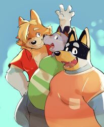 3boys absurdres animal_ears bandit_heeler belly blonde_hair bluey closed_mouth dog_boy dog_ears dog_nose fangs fat furry furry_male gintyatyatyatya green_shirt hand_on_own_hip highres looking_at_viewer male_focus multicolored_fur multiple_boys one_eye_closed open_clothes open_mouth open_shirt orange_shirt plump rad_heeler red_shirt shirt smile stripe_heeler waving