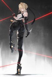 1girl absurdres ass bare_shoulders black_gloves black_pants blonde_hair blush breasts chest_harness choker collared_shirt earrings elbow_gloves evelyn_chevalier full_body gloves hair_ornament harness high-waist_pants high_heels highres holding holding_knife holding_weapon jewelry knife large_breasts looking_at_viewer medium_hair necktie pants purple_eyes shirt sleeveless sleeveless_shirt solo standing standing_on_one_leg tight_clothes tight_pants weapon white_shirt yu_pian zenless_zone_zero