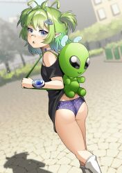 1girl 364ing alien antennae ass backpack bag bandaid bandaid_on_face bandaid_on_nose bare_shoulders black_shirt blue_eyes blush bug collar constellation constellation_print day detached_wings ferumi_kaipa green_hair hair_intakes hair_ornament highres indie_virtual_youtuber insect_wings looking_at_viewer looking_back loose_socks no_pants oversized_clothes panties petite pointy_ears shadow shirt socks strap thighs twintails underwear virtual_youtuber watch wings wristwatch