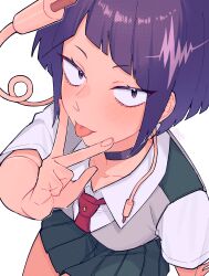 1girl absurdres audio_jack ayuda_ayutaro blush boku_no_hero_academia breasts choker commentary earplugs finger_to_mouth highres jiro_kyoka long_earlobes looking_at_viewer looking_up purple_choker purple_eyes purple_hair school_uniform short_hair signature skirt solo tongue tongue_out u.a._school_uniform v white_background