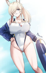 Rule 34 | 1girl, animal ear fluff, animal ears, blonde hair, blue archive, blue eyes, blue jacket, breasts, cameltoe, cleavage, clenched teeth, covered navel, frown, gluteal fold, hair over one eye, halo, hand on own hip, highleg, highleg one-piece swimsuit, ibara azuki, jacket, kanna (blue archive), kanna (swimsuit) (blue archive), large breasts, lifebuoy, lifeguard, long hair, off-shoulder jacket, off shoulder, one-piece swimsuit, one eye covered, open clothes, open jacket, outdoors, ponytail, sharp teeth, sidelocks, sky, solo, standing, swim ring, swimsuit, teeth, whistle, whistle around neck, white one-piece swimsuit