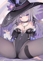 1girl bare_shoulders black_hat black_leotard bodystocking breasts cisyo commentary_request flower frilled_leotard frills grey_hair hat hat_flower herta_(honkai:_star_rail) highres honkai:_star_rail honkai_(series) key leotard long_hair looking_at_viewer medium_breasts parted_lips purple_eyes purple_flower sitting solo spread_legs the_herta_(honkai:_star_rail) twitter_username very_long_hair witch_hat