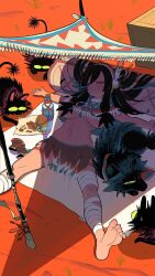 Rule 34 | 1girl, animal, bandaged leg, bandages, barefoot, black hair, blue hair, blue nails, blush, bottle, breasts, cat, commentary request, crate, crop top, dreamcatcher, feathers, food, gashi-gashi, hair between eyes, highres, large breasts, long hair, lying, native american, on back, original, parted lips, sidelocks, skirt, sleeping, solo, spread legs, stomach, thigh strap, wolf