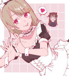 2girls :p apron blue_eyes blush border bow brown_hair chibi chibi_inset choker commentary_request covering_own_mouth crescent crescent_hair_ornament frilled_choker frills grid_background hair_bow hair_ornament hand_over_own_mouth haruruhaharur heart heart_hands highres long_hair looking_at_viewer love_live! love_live!_nijigasaki_high_school_idol_club maid maid_apron maid_headdress multiple_girls nakasu_kasumi nijigasaki_school_uniform osaka_shizuku pink_background red_eyes school_uniform short_hair spoken_heart tongue tongue_out white_border wrist_cuffs